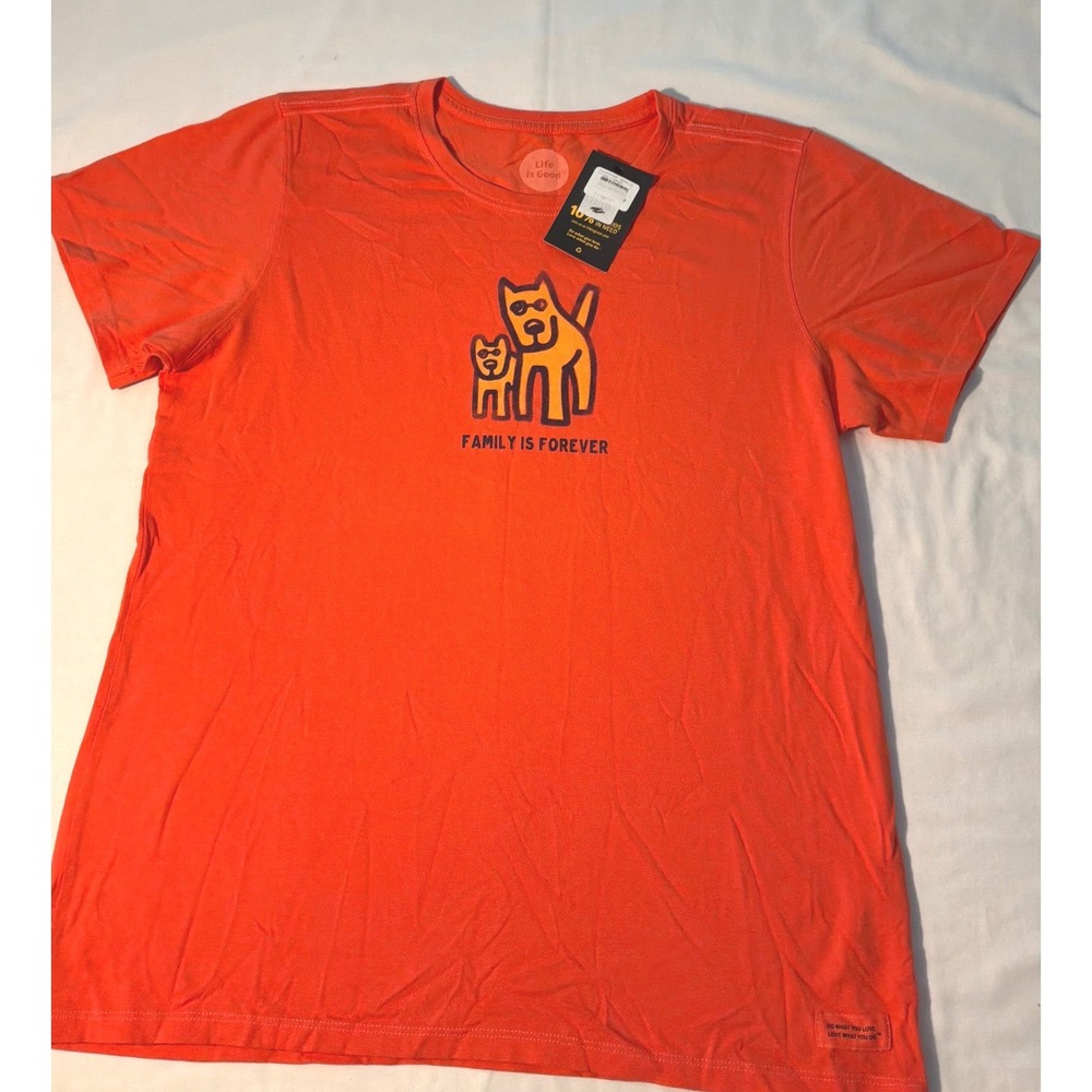 Life is Good Womens Large Orange Family is Forever Dog Graphic T-Shirt NWT